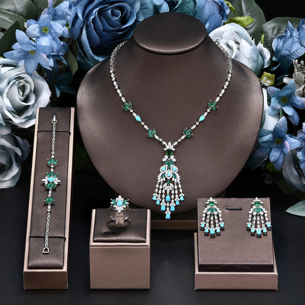 2024 New Exquisite Turquoise Dubai Jewelry Sets for Wedding Bridal Wedding Party 4 Pieces Set Accessories