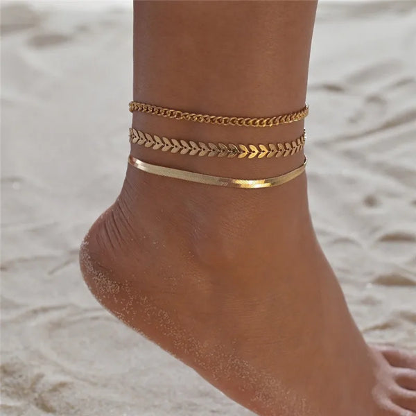 3pcs/set Gold Color Simple Anklets For Women Beach Foot Jewelry Leg  Ankle Bracelets Women Accessories