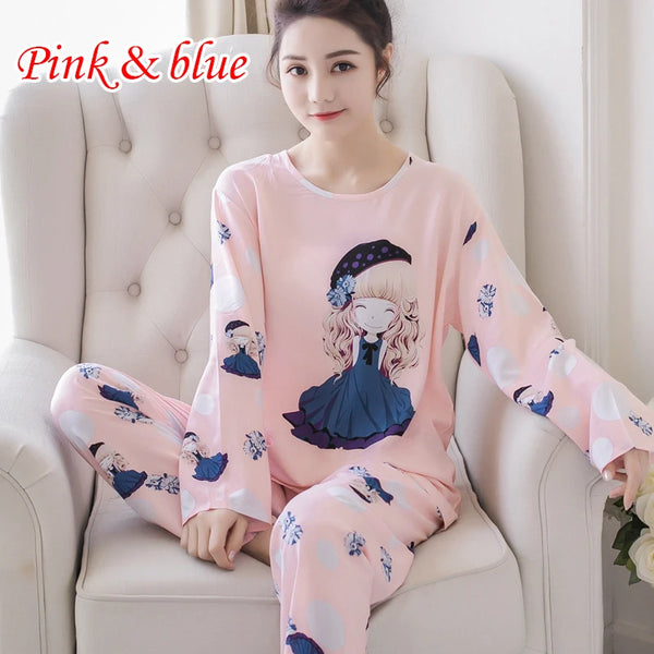 Women's Cartoon Pajamas Spring and Autumn Models Long-sleeved Home Service Polyester Women's Simple Loose Casual Suit