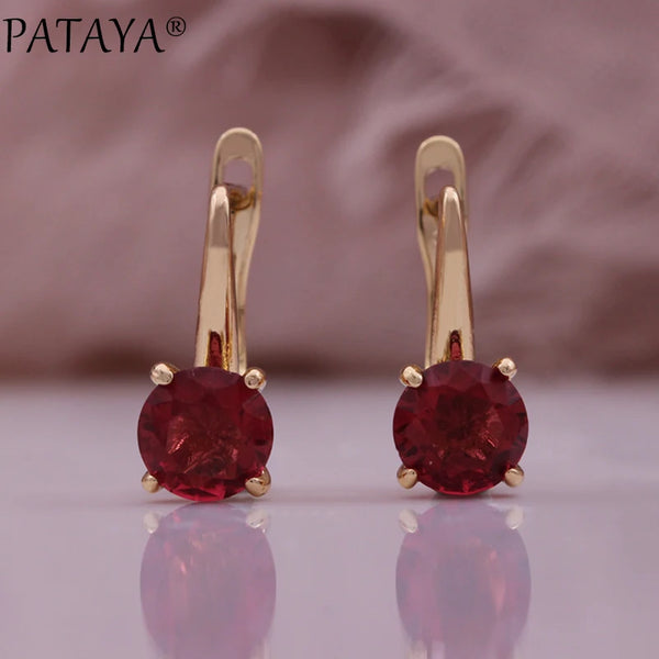 PATAYA Luxury Simple Rose Red Natural Zircon Clips Earrings for Women 585 Rose Gold Color Fashion Bride Wedding Fine Jewelry