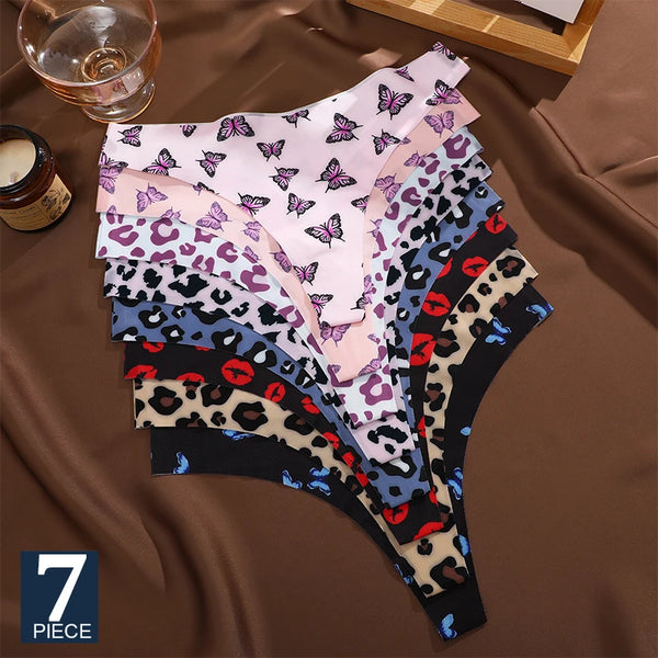 FINETOO 7Pcs Ice Silk G-String Lady Sexy Thong Women One Piece Seamless Girl Panties Fresh Low Waisted Underwear Print Underwear