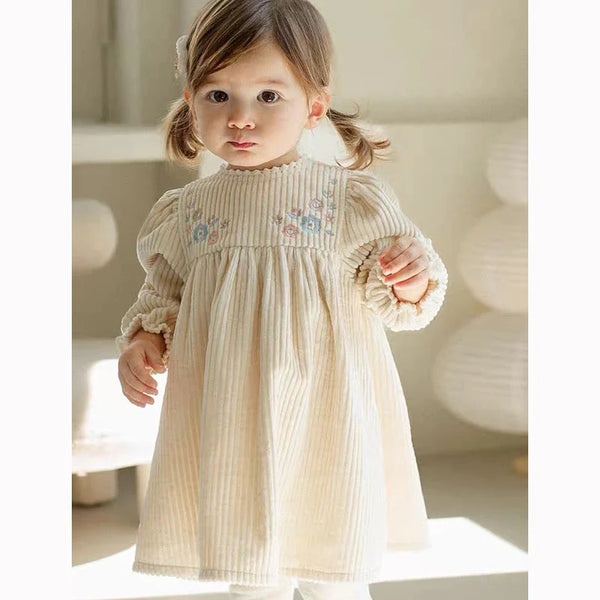 Kids Outfits Autumn Baby Girl Corduroy Princess Dress Embroidered Flowers Puff Sleeve Dress Children Retro Casual Loose Dresses