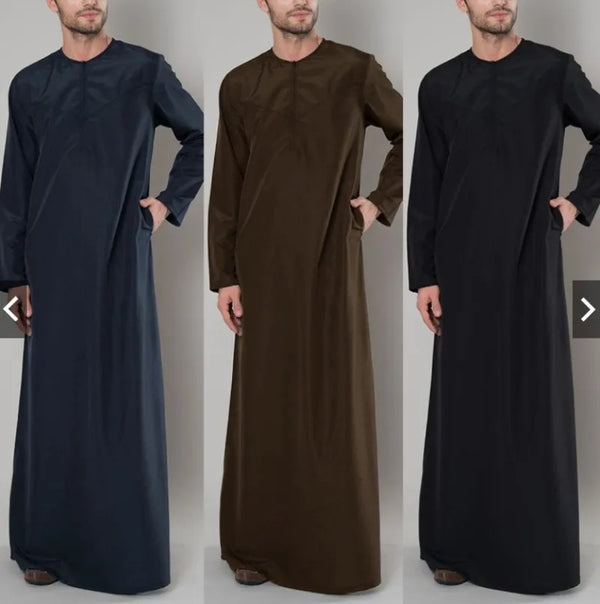 Men's Muslim Robe Shirt Solid Color Round Neck Long Sleeve T-shirt