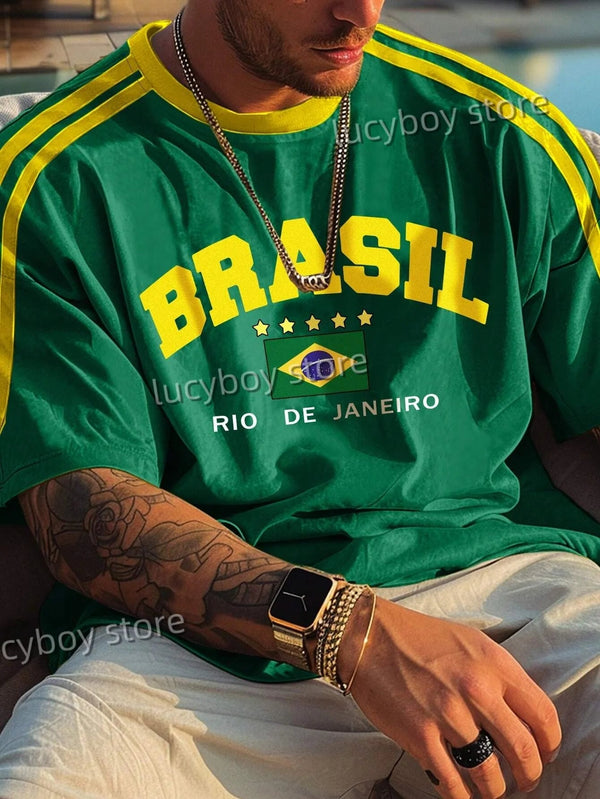 Men Summer Five-Star Brasil Printed T-Shirt Man Short Sleeve Round Neck Tee Vintage Casual Mesh Jersey Oversize Tops Men Clothes