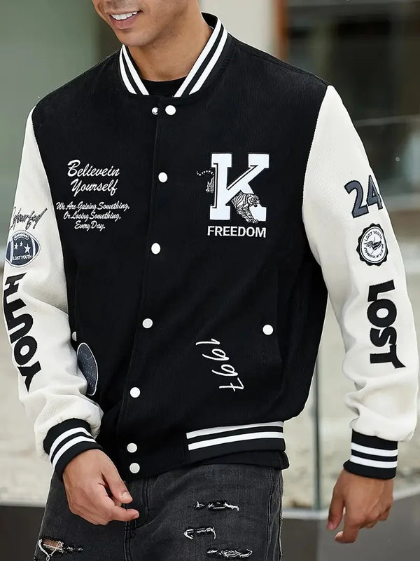 Men's Casual Letter Print Color Block Jacket, Chic Button Up Baseball Collar Varsity Jacket