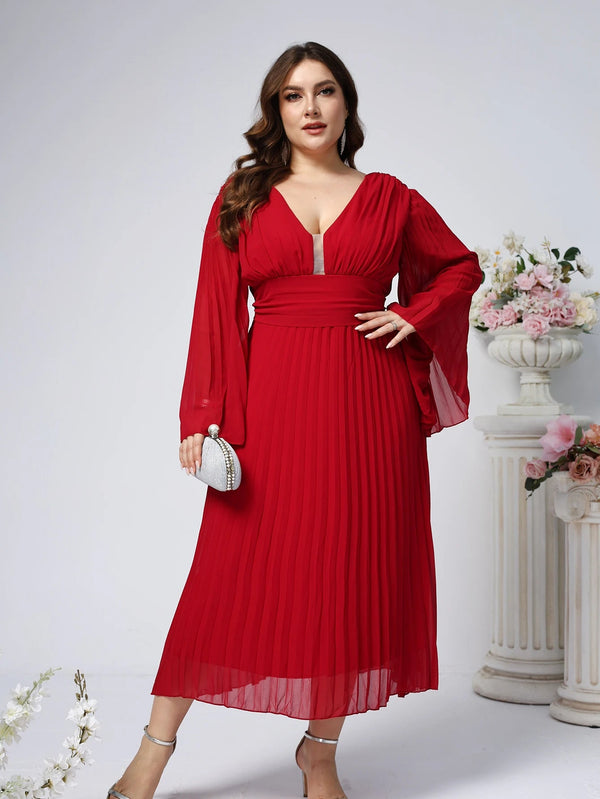 Women's Plus Size Pleated Elegant Dress Women's Solid Color V-neck Clothing