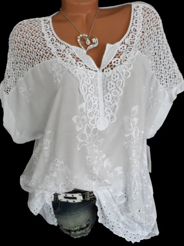 Large Size Loose Short-Sleeved Lace Women Blouses Cotton Blouses 2024 Summer V-neck White Shirt