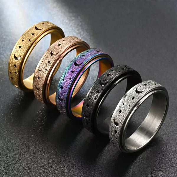 Frosted Stainless Steel Moon And Star Fidget Rings For Men Anti Stress And Anxiety Rotating Ring Fidget Metal Spinner Anillos