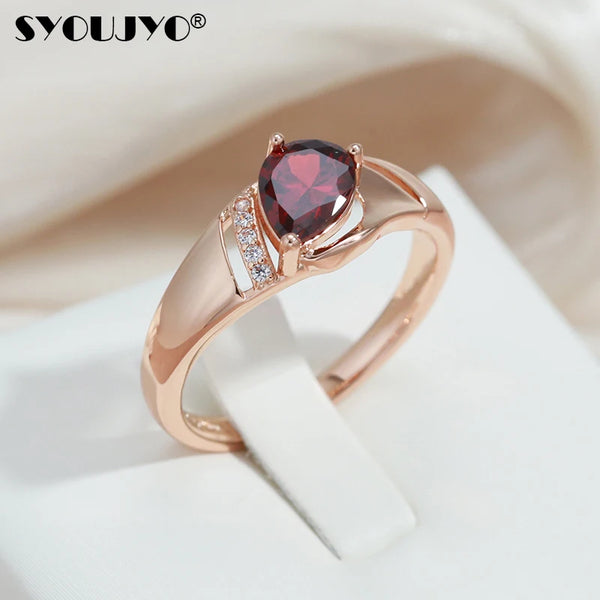 SYOUJYO Oval Red Natural Zircon Rings For Women 585 Rose Golden Elegant Party Fine Jewelry Exquisite Gift