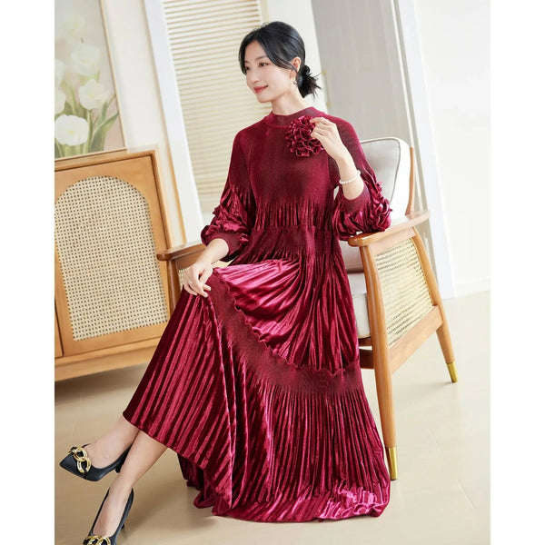 Pleated Gold Velvet Dress Women's 2024 Autumn New 3D Handmade Floral O-neck Lantern Sleeves A-line Large Hem Skirt