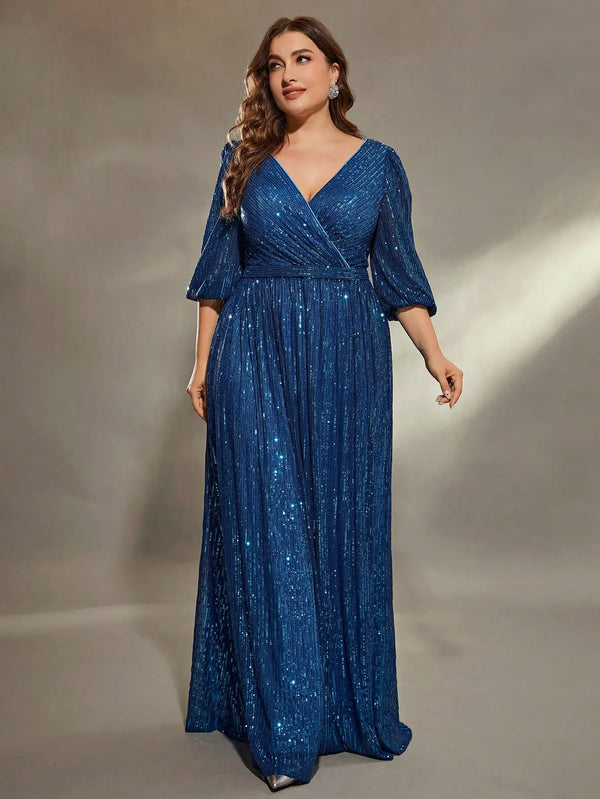 Mgiacy plus size V-neck bust pleated mid-long sleeve A-frame sequin long dress Evening gown