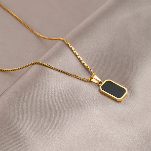 Stainless Steel Minimalist Square Pendant Korean Black Enamel Women's Gold Color Vintage Necklace Exquisite Long Jewelry Gift