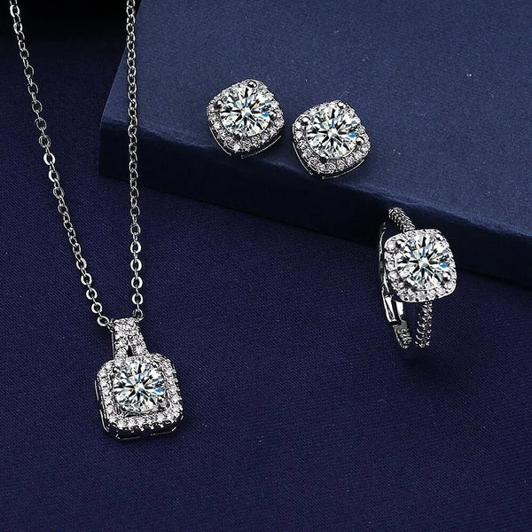 Earring Necklace Ring 3 Piece Set for Women Silver Color Princess Bride Wedding Banquet Jewelry Set