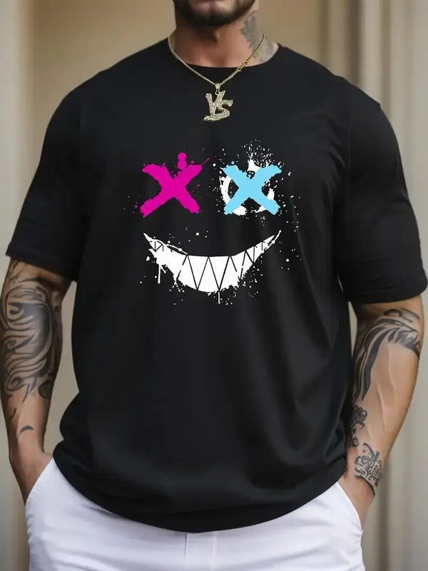 Cross Eyes Smile Face Print, Men's Graphic T-shirt, Casual Comfy Tees Tshirts for Summer, Men's Clothing Tops