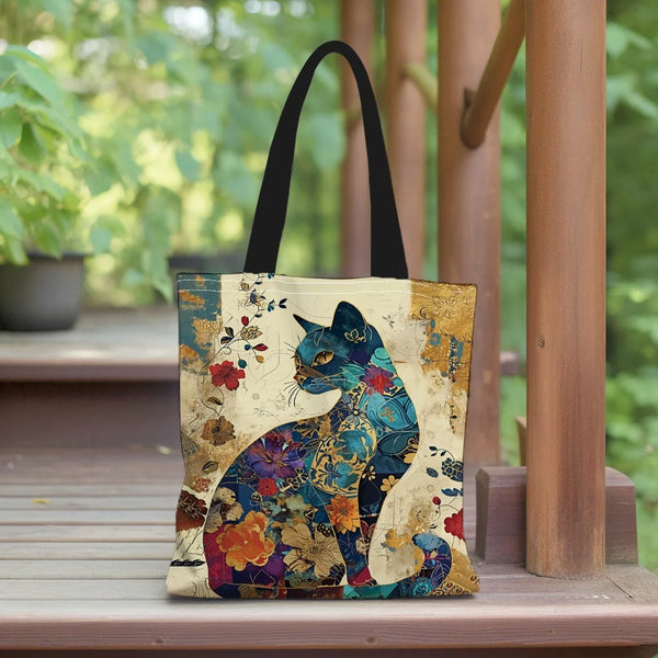 Floral Cat Pattern Tote Bag, Aesthetic Canvas School Shoulder Bag, Lightweight Grocery Shopping Bag