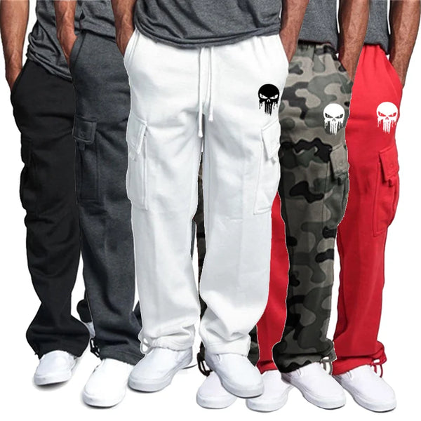 New casual men's fitness drawstring elastic waist solid color workwear pocket pants sweatpants fashion sports pants