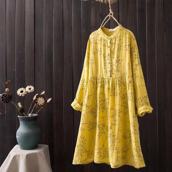 100% Cotton Yarn Dress Women Japan Fashion Stand Collar Vintage Long Sleeve Printed One-Piece Dress Plus Size Women Clothing