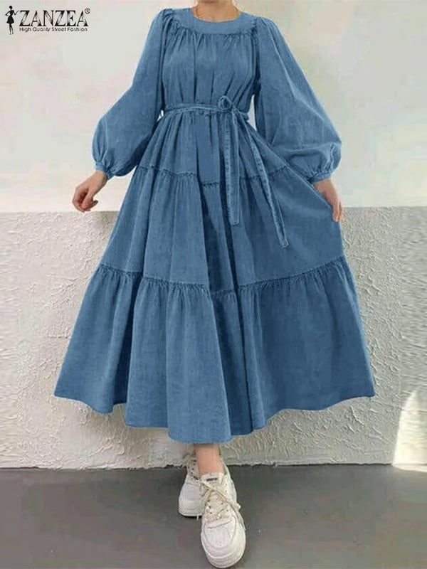 ZANZEA Women Solid Midi Dress Fashion Multi-Layer Belted Vestidos Casual Loose Long Lantern Sleeve Robe Holiday O-neck Dresses