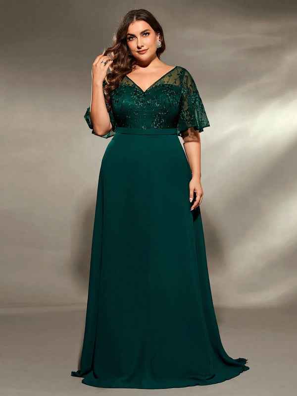 size V-neck See-through trumpet sleeve embroidered chiffon full skirt Evening gown Ball