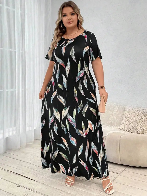 2024 Spring/Summer Women's New Fashion Short Sleeve plus size Printed Feather Large Size Dress