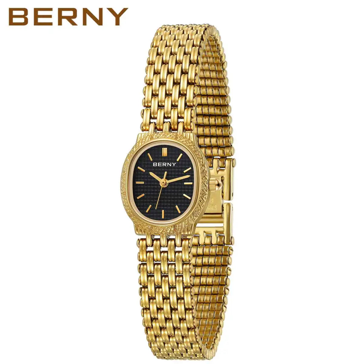 BERNY Women Quartz Watch Gold Stainless Steel Strap Luxury Elliptical Wristwatch Waterproof Simple Retro Dress Watch for Women