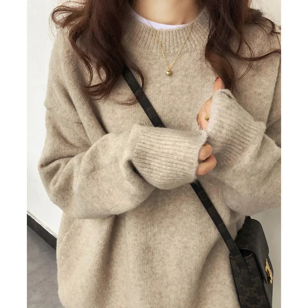 Women's Autumn Winter 2024 New Loose Fit Vintage Style Solid Color Pullover Sweater Round Neck Knitted Top Soft And Supple