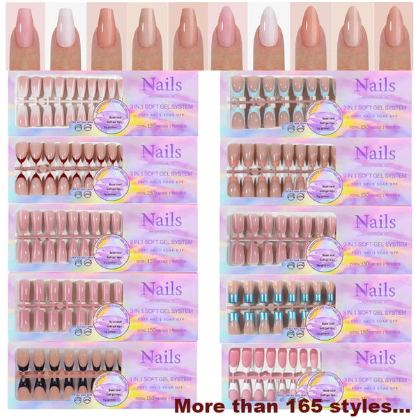 150Pcs/Box Acrylic Press on Nails Full Cover Fake False Tips Soft Gel Extension T-shaped Oval Capsule Almond Sculpted Salon DIY