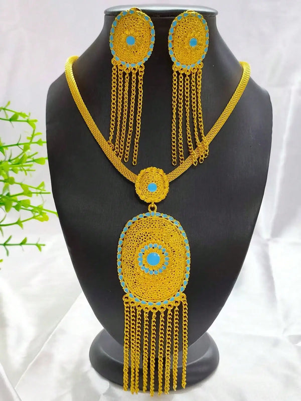 Bridal Indian Necklace Sets 24K Gold Plated Long Pendant For Women Nigeria African Dubai Wedding Earring Jewelry Set Party Gift