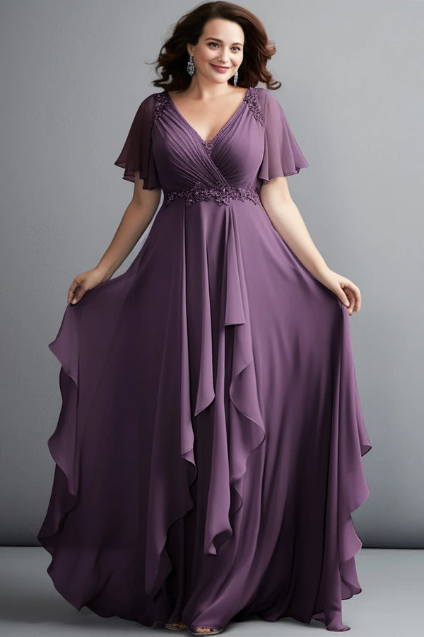 Maxi Dress Of The Bride Grape Irregular Hem Overlay Wrap Neck