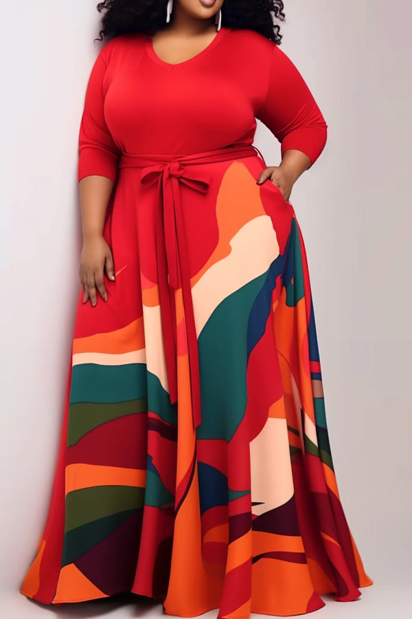 Dress Red All Over Print Round-Neck Knitted Maxi Dress With Pocket