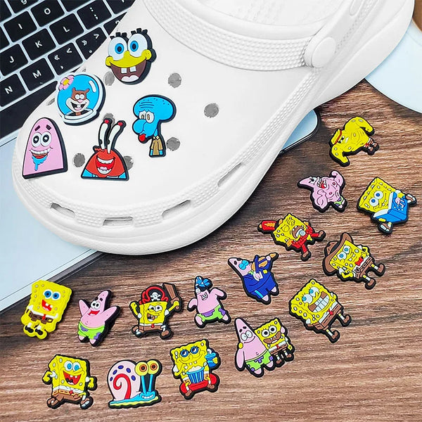 20pcs/set Anime SpongeBob SquarePants Cool model Shoes Charms Silicone Croc Accessories Kids  Gifts Wristband Hole Slipper Decor