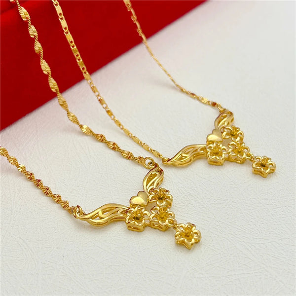 Yellow Gold Plated Charm Necklaces For Women Flower Pendant & Necklace Chain Choker Femme Collar Wedding Bridal Jewelry Gifts