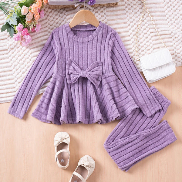 Baby Girl Spring+Autumn Set Solid Color Bow Top+Pants 2-piece Set for Casual+Comfortable Children's Clothing Daily Dressing