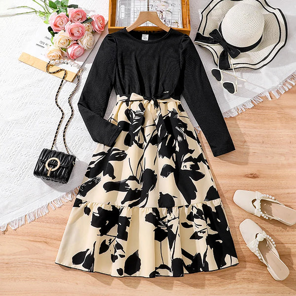 Children's Fashion Dress For Girls Black Long-Sleeved Printed Dress Elegant Style Birthday Party Dress Daily Casual Clothes