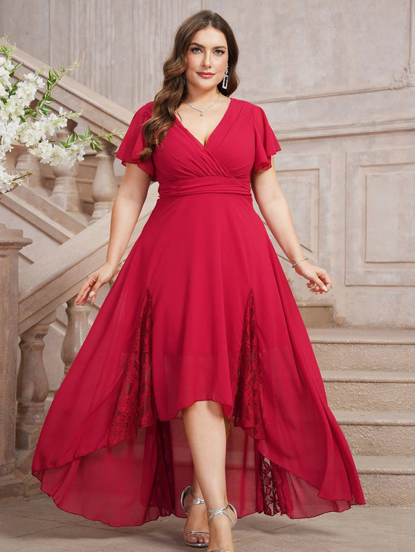 Ladies Plus Size Evening Gown V-neck High And Low Pleated Hem Floor Mopping 2024 A Chiffon Purple Red Bridesmaid Dress