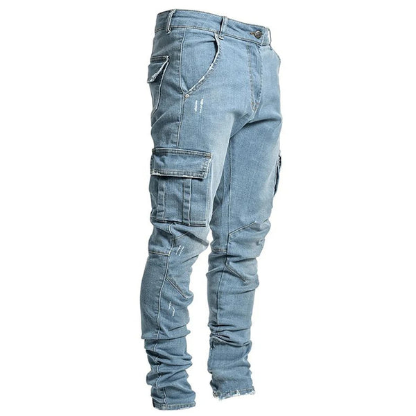 Skinny Jeans Men Side Mulit Pockets Denim Slim Fit Pantalones Hombre Soft Elastic Joggers