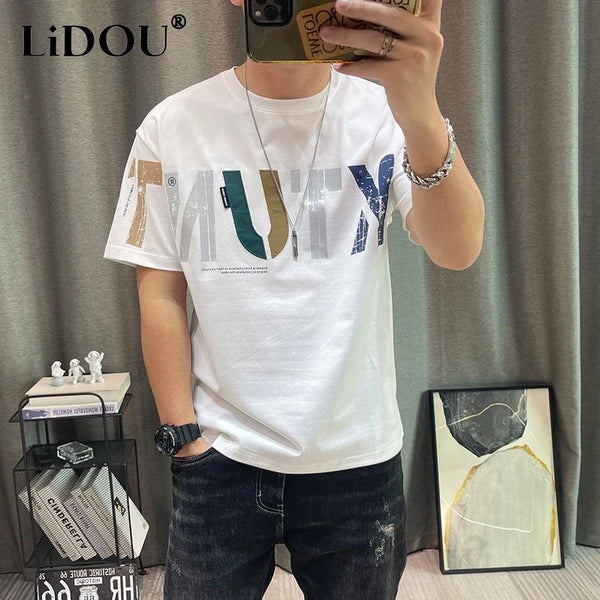 2023 Summer New Fashion Street Letter Printing T-Shirts Man Korean Style Round Neck Short Sleeve Loose Casual Cotton Pullovers