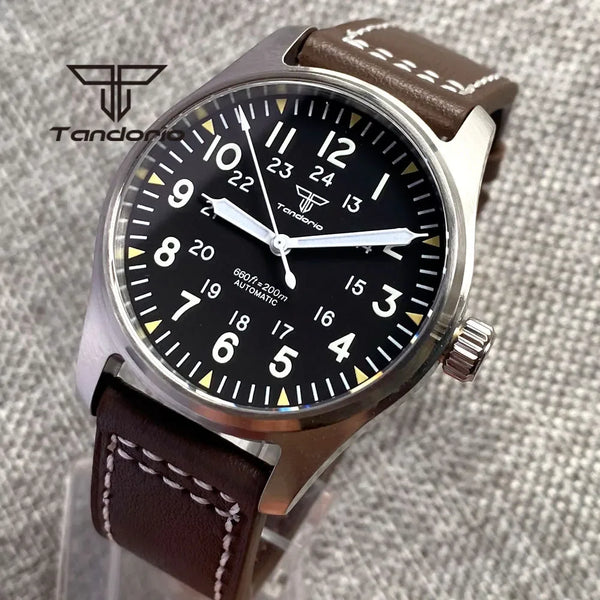 Tandorio  Automatic Dive Pilot Men's Watches Sapphire Glass Green Luminous Dial LeatherStrap Screw Crown