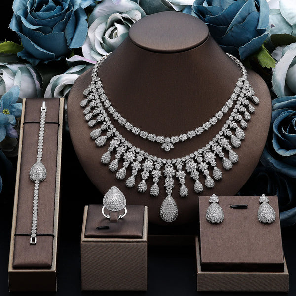 4Pcs Jewelry Set Party Brides Gift Wedding Jewelry Necklace Earrings Set