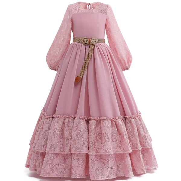 Girls lace long sleeved princess dress 2024 new high-end chiffon waist length fluffy skirt carnival performance clothing