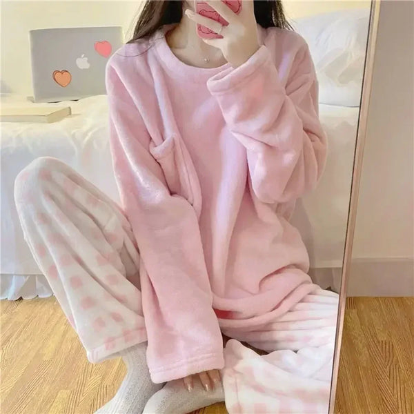 Autumn Winter Warm Women's Sleepwear Set Soft Casual Solid Long Sleeve Top and Pants Pijamas Set Men Women Homewear