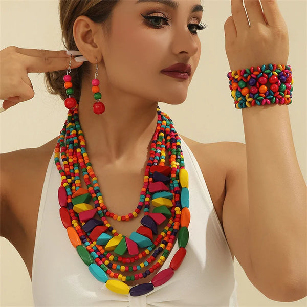 Boho Multilayer Big Colorful Wood Jewelry Set Geometry Necklace Earrings Sets Nigerian Wedding Indian Africal Beads Jewelry Gift