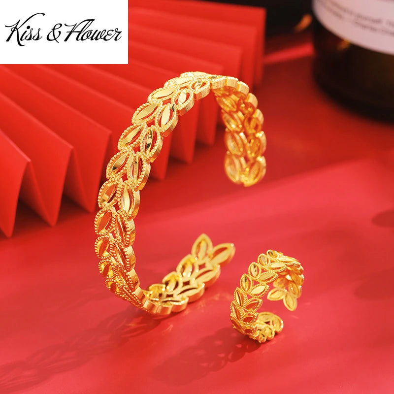 KISS&FLOWER Gold Leaf Bracelets Bangles Rings For Women Female Party Wedding Birthday Christmas Bride Mother Lady Girl Gift JS46