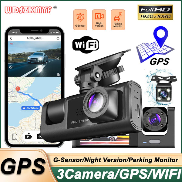 Dash Cam 3Channel for Car 1080P Video Recorder WIFI GPS Dashcam Car DVR Front and Rear View Camera Night Vision car accessory