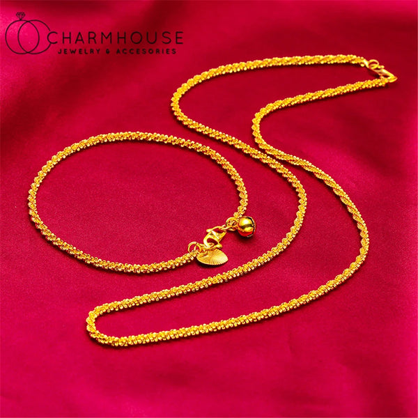 24K Gold Color Jewelry Sets For Women Link Chain Necklace Bracelet 2 pcs Wedding Jewellery Set Accessories Party Gifts Bijoux