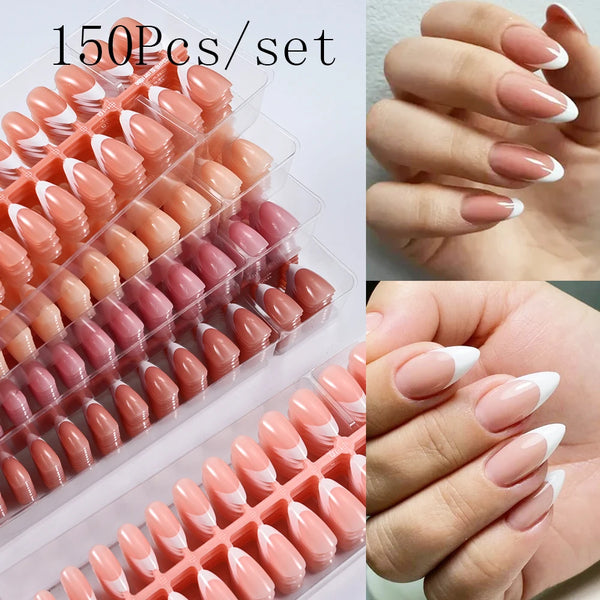 150Pcs/set White French Gel Nail Tips Medium Almond Nude Pink Press On Nail French Tips Matte/Glossy Frosted Soft Gel Nail Tips