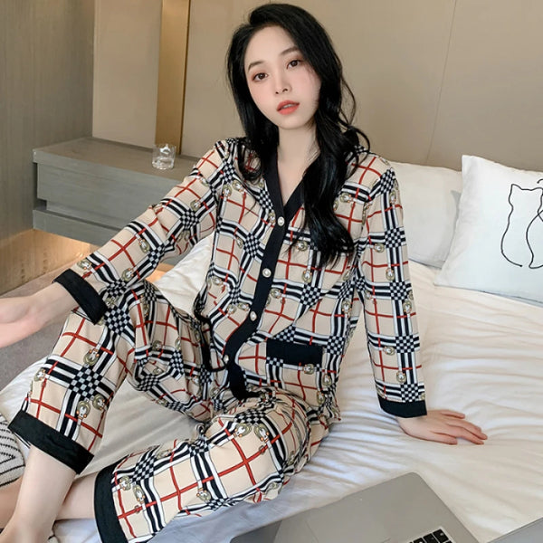 2024 Autumn New Ice Silk Women's Pajamas Two Pieces Sets Long Sleeve Pants Sleepwear Fashion Cute Letter Print Female Homewear