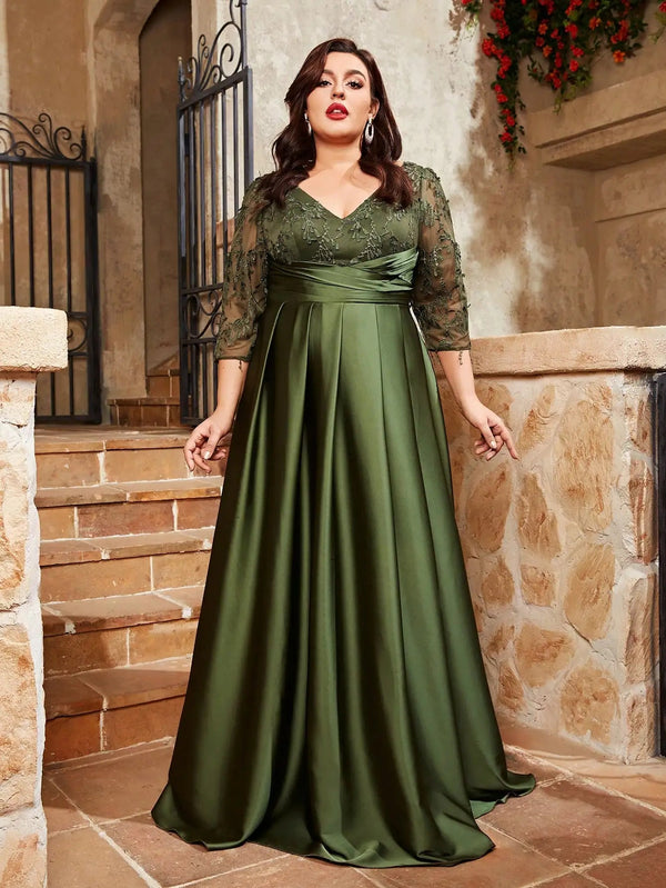 plus size V-neck lace embroidery Mosaic satin cloth hand-folded long skirt Evening gown ball dress Party dress