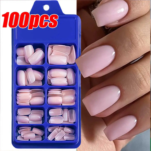 100Pcs Light Pink Press on Nails Short Medium Square Fake Nail Tips 10 sizes Reusable Full Cover False Nails Finger Decoration