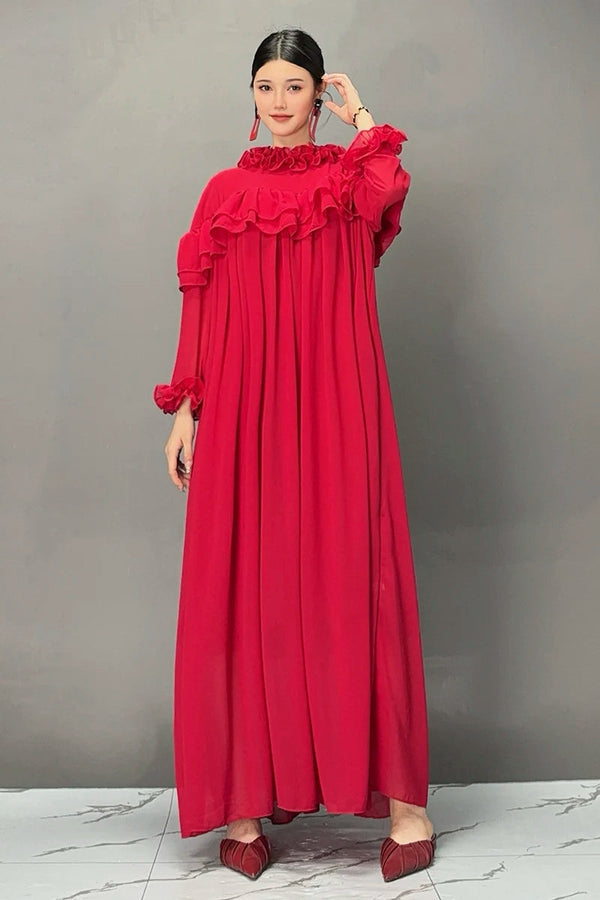 2024 Autumn New Elegant Red Folds Loose Long Dresses Women Casual Long Sleeve Dress Female Wholesale J378